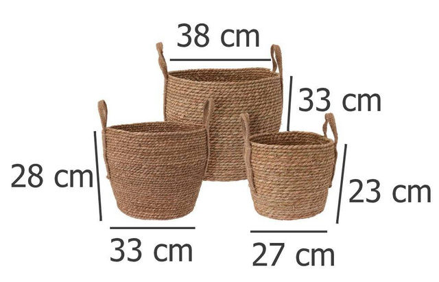 3 kosár fogantyúkkal, univerzális felhasználás, különböző méretek, fonott kosarak