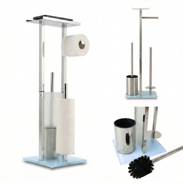 WC-papírtartó és WC-kefe állvány telefonállvánnyal HYLLA, 65 cm, ezüst