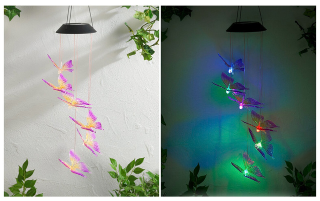 Napelemes függő lámpa, LED pillangók, szélcsengő, 78 cm