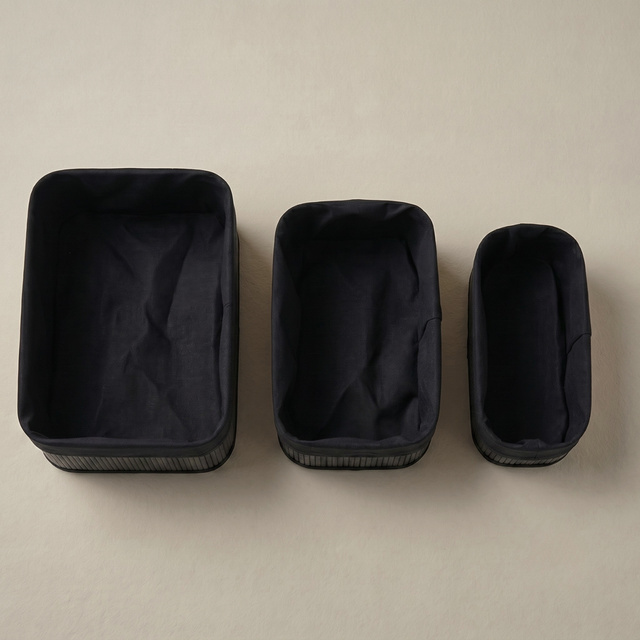 3 darab bambusz kosár textilbéléssel, 30 x 20 x 13 cm, barna