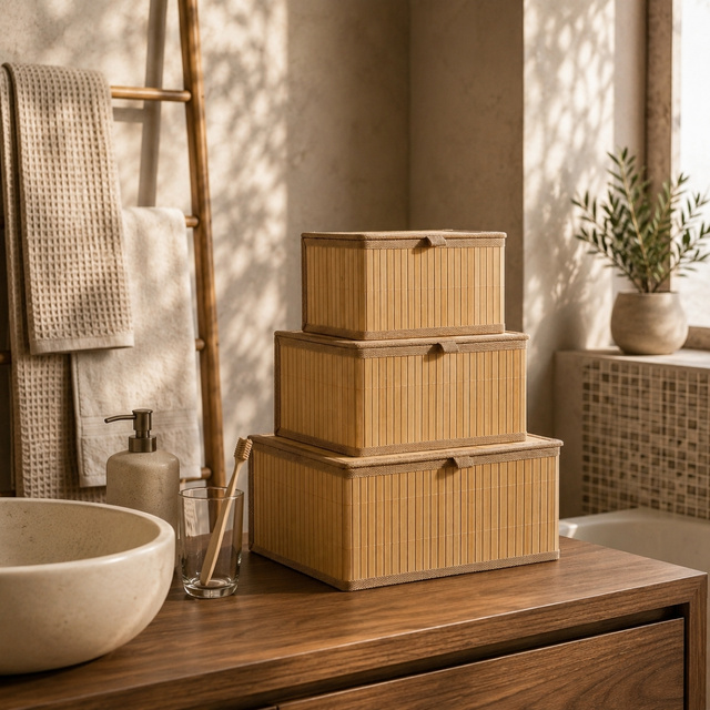 TILVA zárható kosarak készlete három méretben, világosbarna