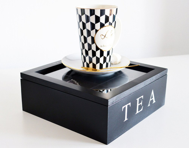 Fából készült teásdoboz TEA, 9 rekesszel, fekete