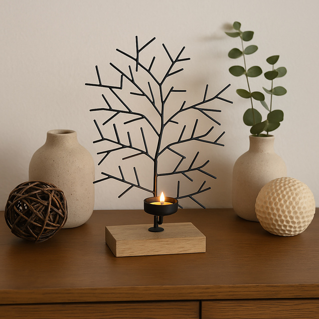 Tealight gyertyatartó, fa alakú, fém, 32 x 22 cm